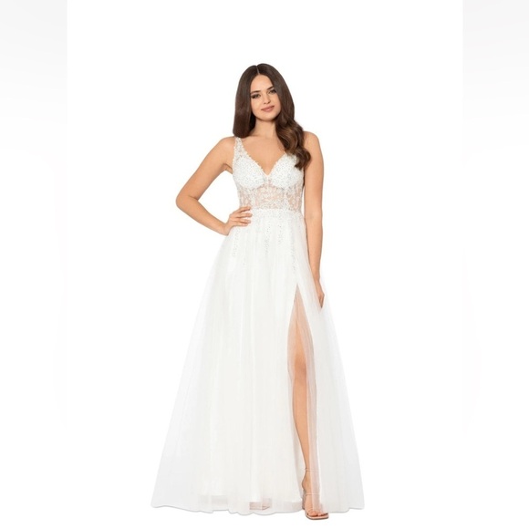 BLONDIE NITES Corset-style Mesh Line Sleeveless Dress Rhinestone Sheer ivory - Picture 3 of 16